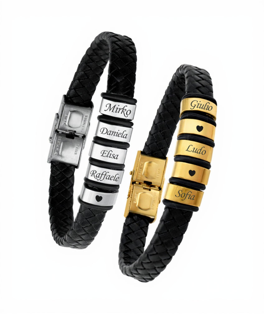 Bracciale Papà Personalizzato con Nomi – Pelle Intrecciata Nera & Acciaio