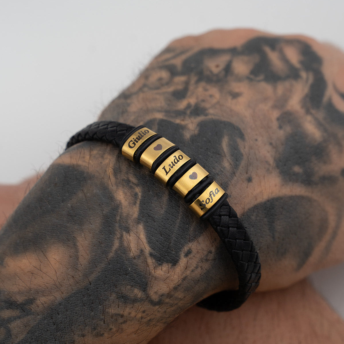 Bracciale Papà Personalizzato con Nomi – Pelle Intrecciata Nera & Acciaio