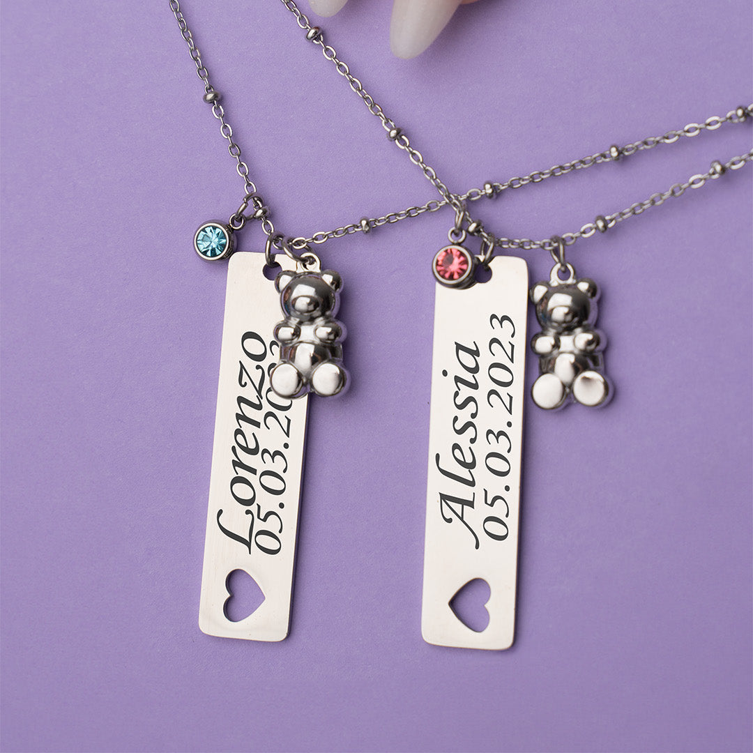 Collana Cucciolo Orso con Brillantino e Incisione Personalizzata