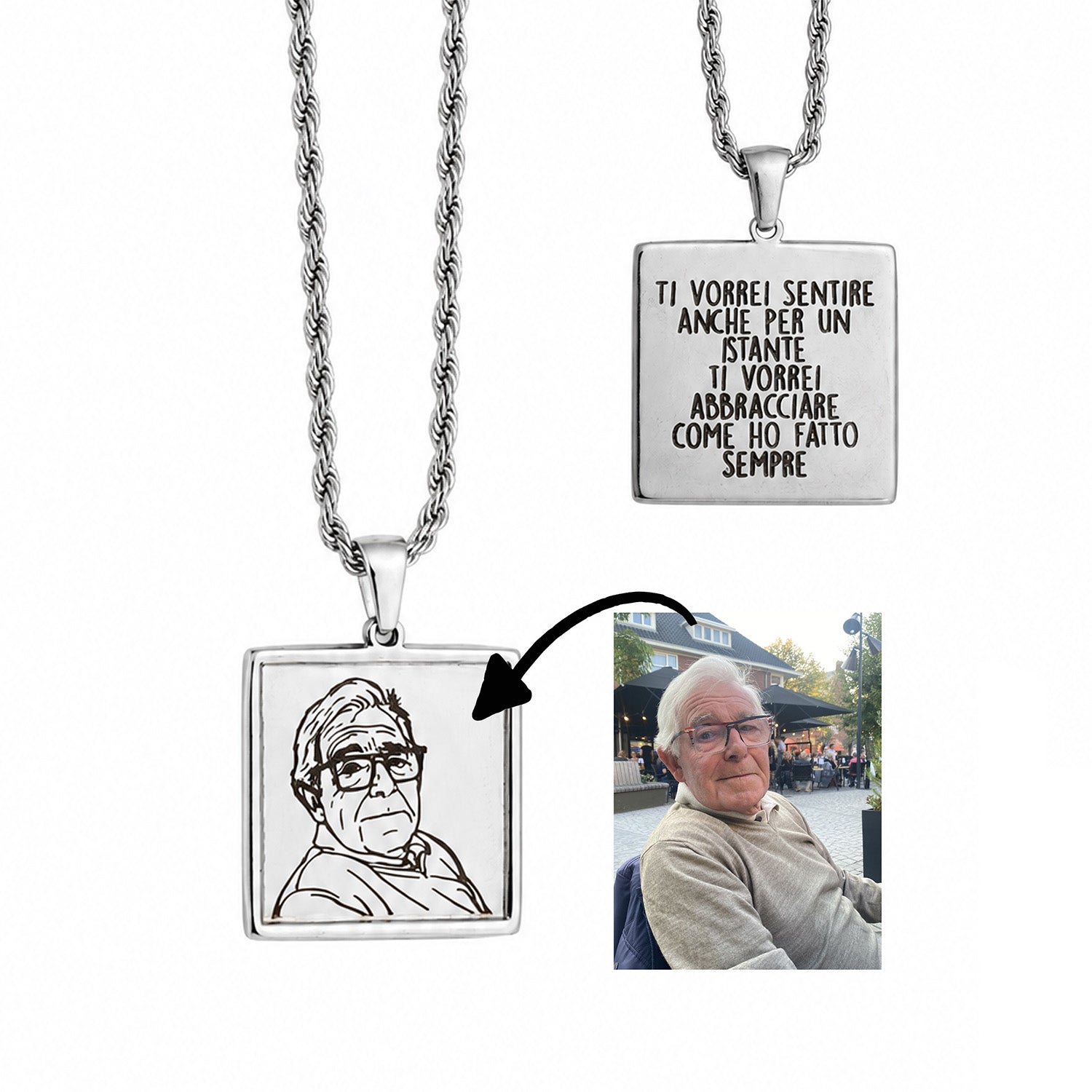 Collana Fotoincisa con Disegno a Mano e Dedica sul Retro