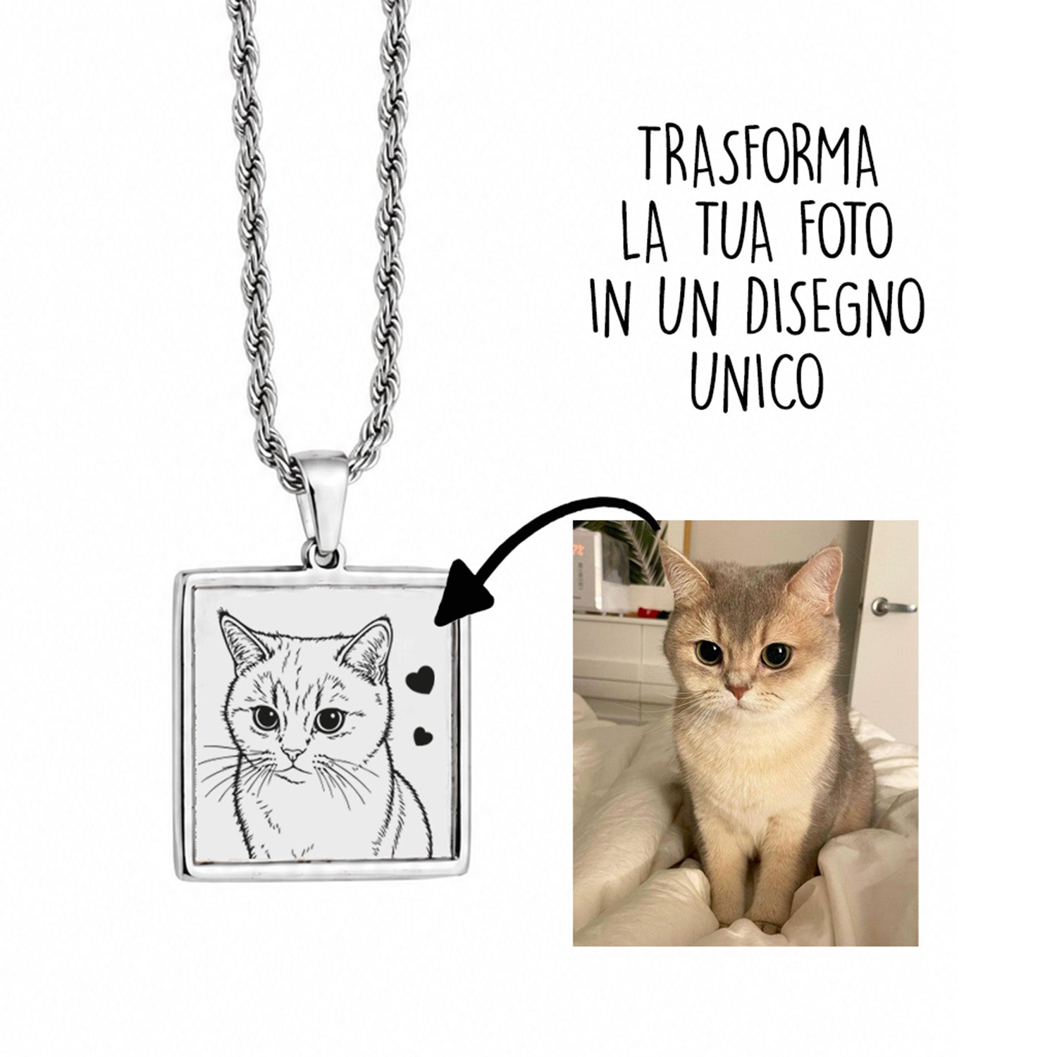 Collana Fotoincisa con Disegno a Mano e Dedica sul Retro