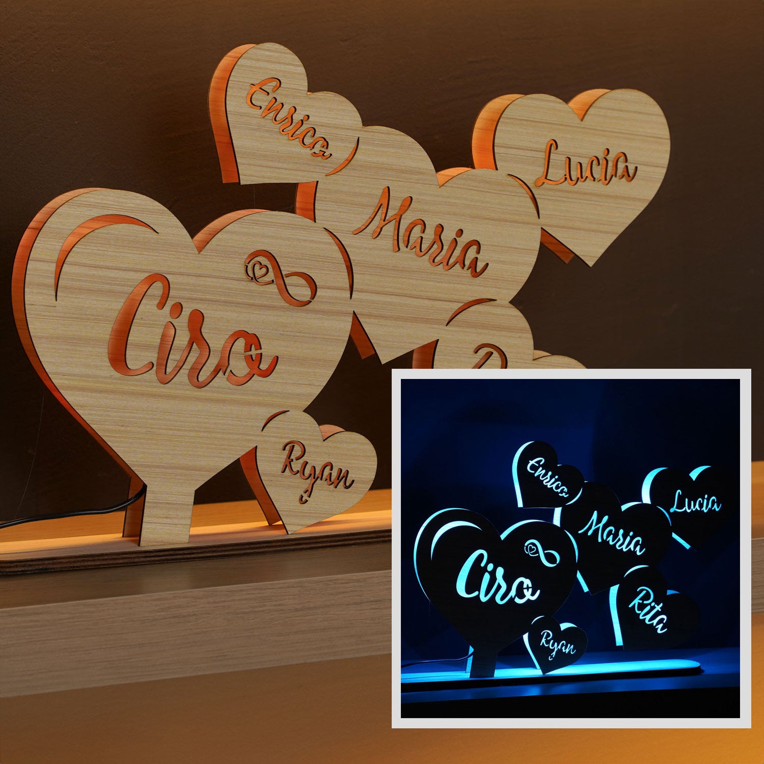 Lampada Cuore Mio Personalizzata con Nomi della Famiglia o Coppia