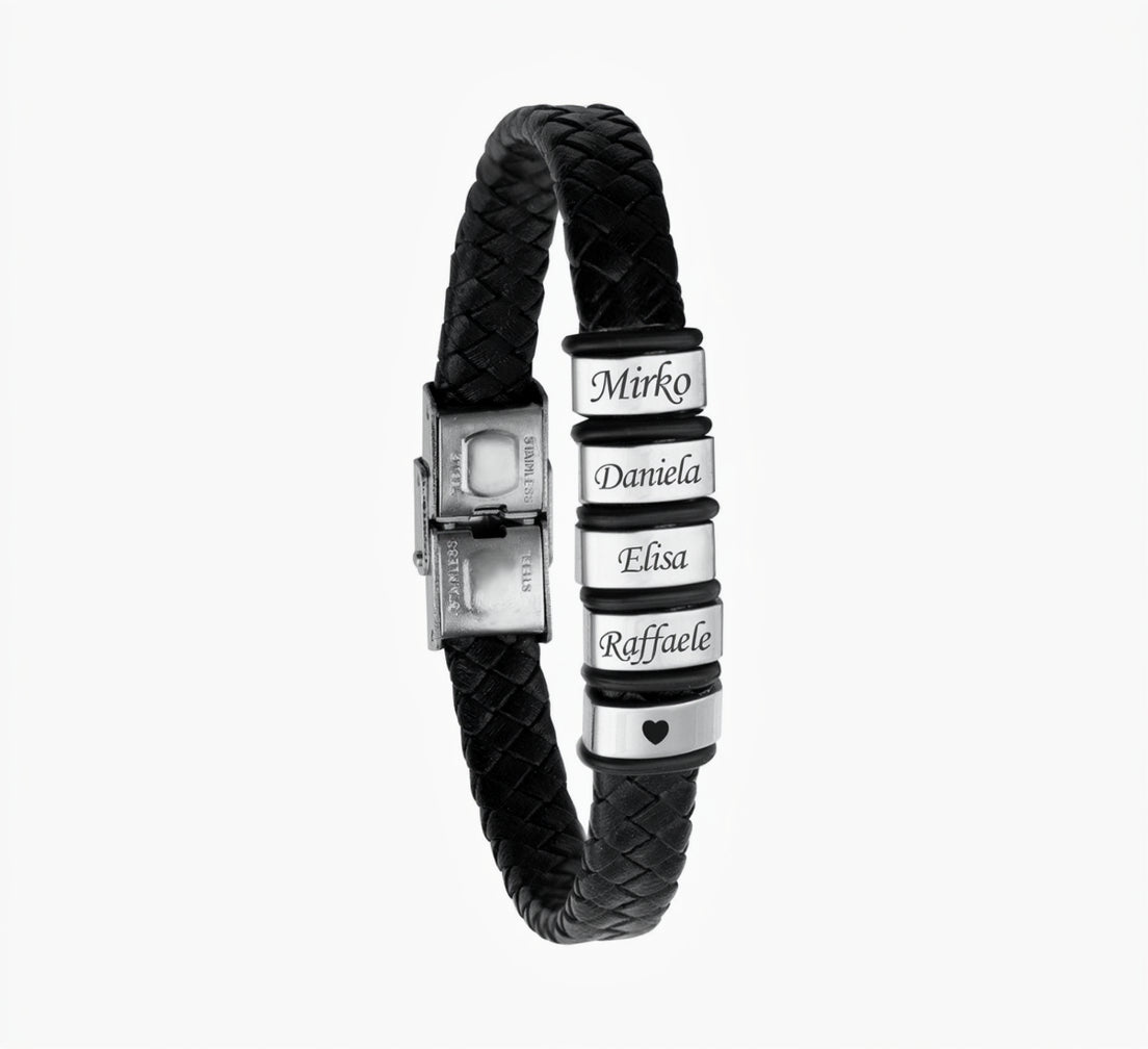 Bracciale Papà Personalizzato con Nomi – Pelle Intrecciata Nera & Acciaio