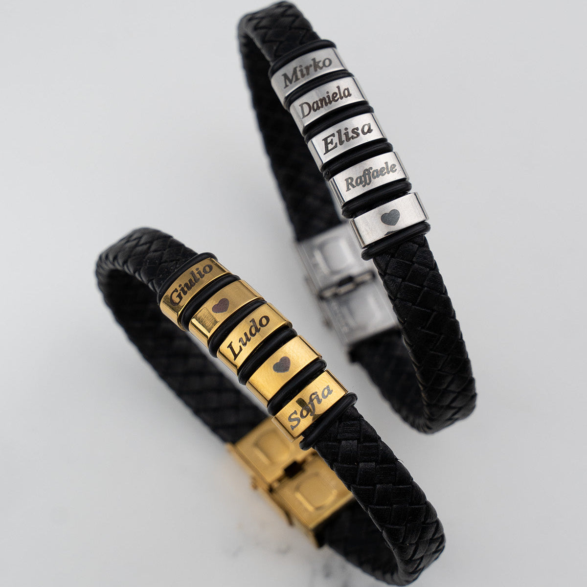 Bracciale Papà Personalizzato con Nomi – Pelle Intrecciata Nera & Acciaio