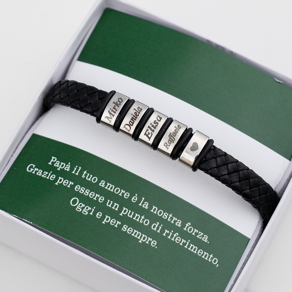 Bracciale Papà Personalizzato con Nomi – Pelle Intrecciata Nera & Acciaio