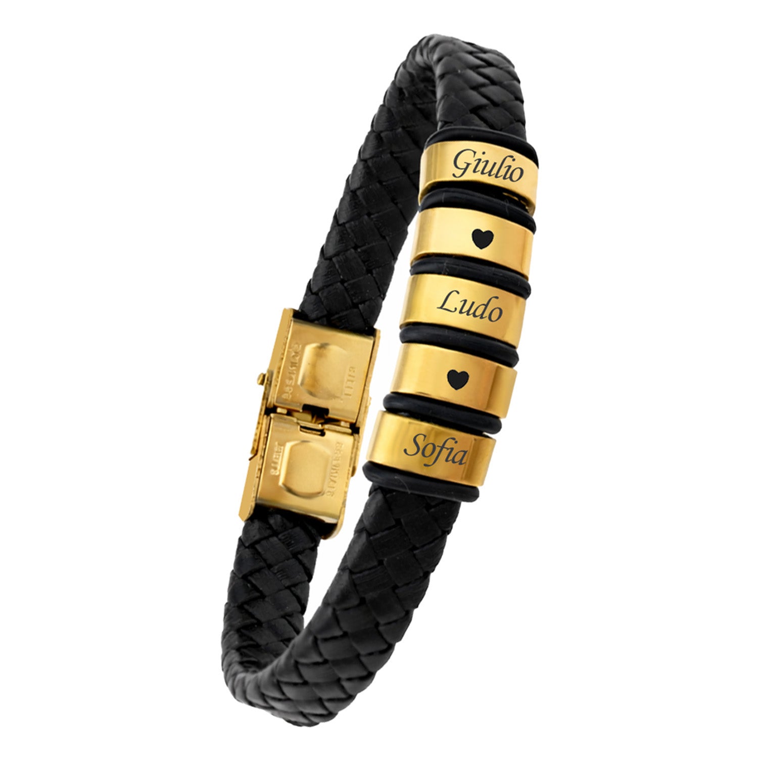 Bracciale Papà Personalizzato con Nomi – Pelle Intrecciata Nera & Acciaio