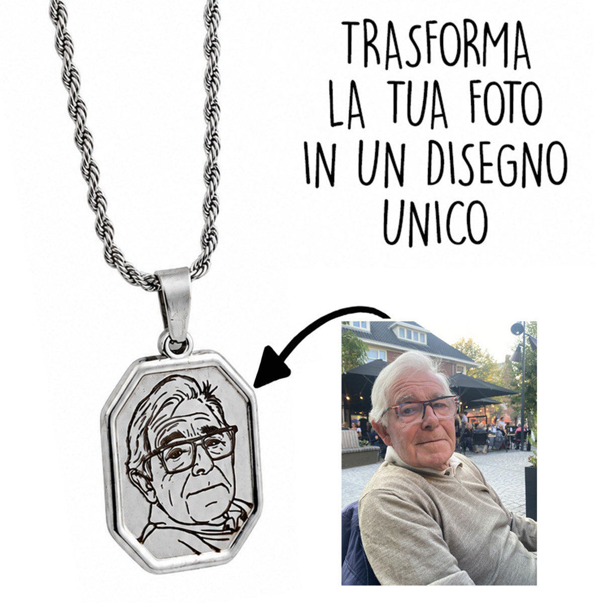 Collana Fotoincisa con Disegno a Mano e Dedica sul Retro