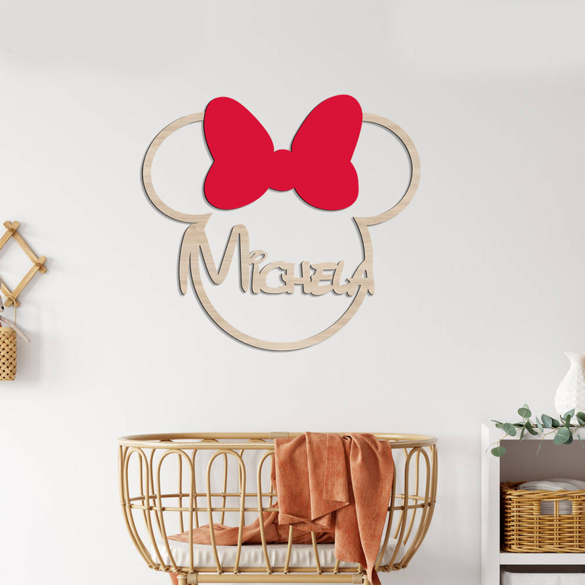 Decoro a parete Ispirato a Minnie con Fiocco e Nome