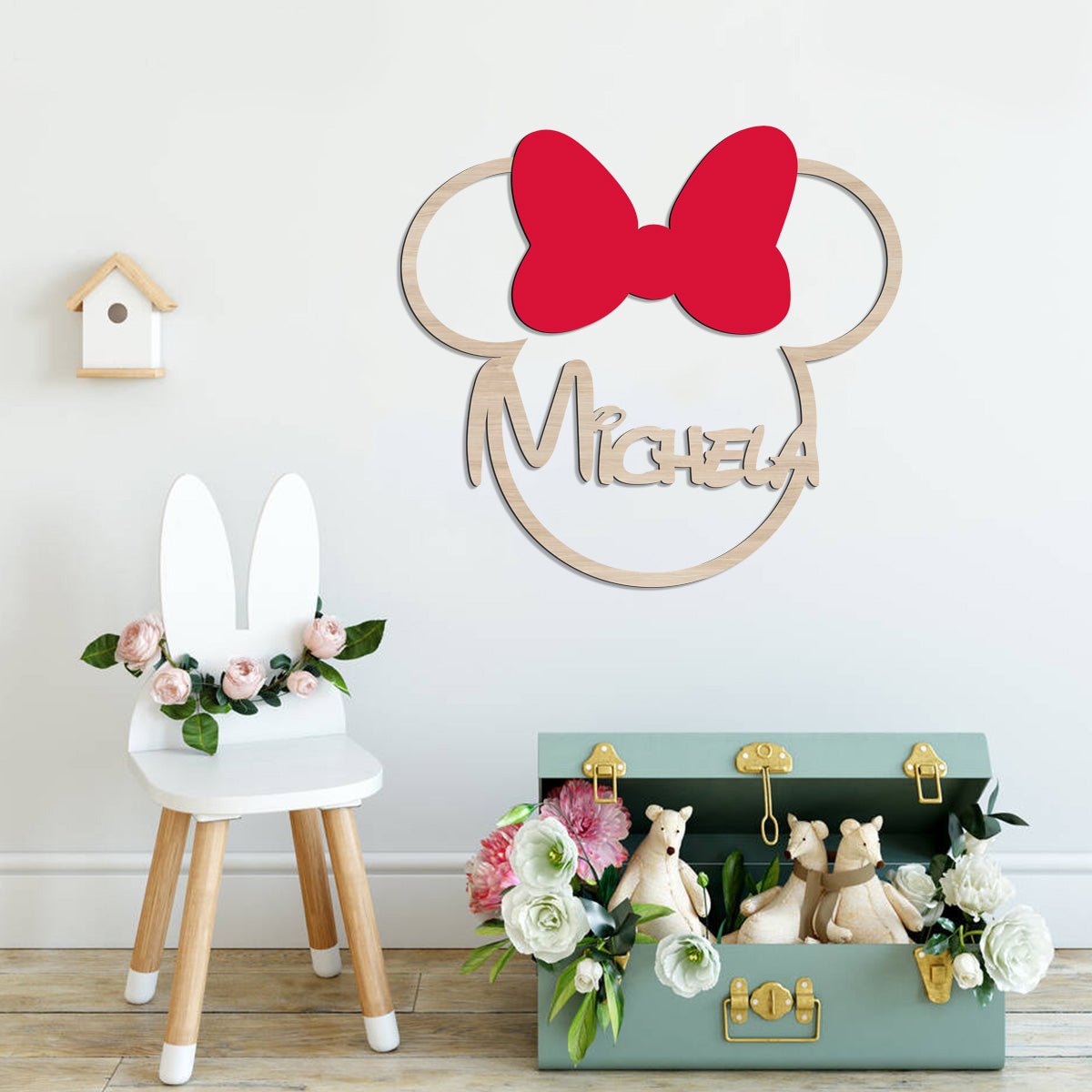 Decoro a parete Ispirato a Minnie con Fiocco e Nome